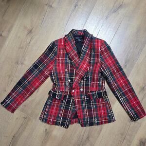 Rachel Zoe Red Tartan Plaid Tweed Fray Hem Double Breasted Blazer Holiday S EUC